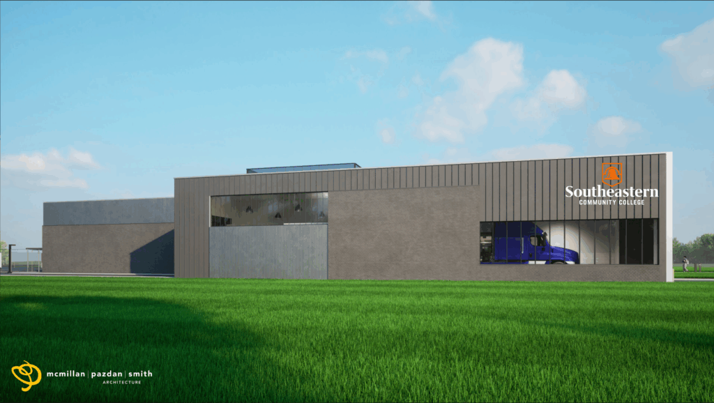 A rendering of the outside of the new Transportation/STEM facility at SCC.