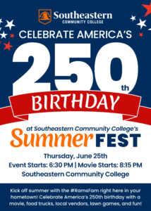 SummerFEST at SCC: Celebrate America’s 250th Birthday. Thursday, June 25. The event begins at 6:30 pm and will feature family friendly games and activities for children, local vendors, and plenty of opportunities to enjoy time together with friends and neighbors. As the sun goes down, stay for a special outdoor showing of National Treasure, beginning at 8:15 pm.