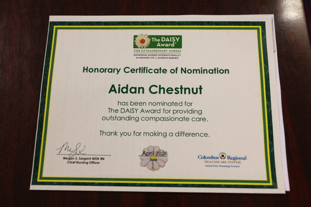 Aidan Chestnutt's DAISY Award certificate.